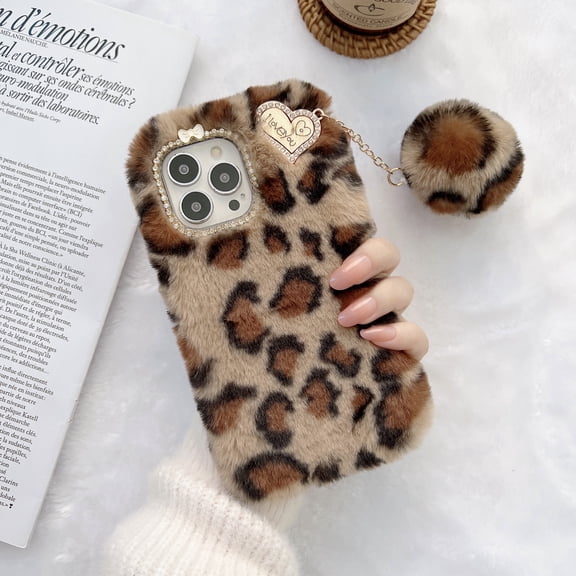 Leopard Pattern Furry Case for iPhone 13 Pro, Luxury Lovely Winter Warm Soft Furry Fluffy Plush Shockproof Anti-slip Phone Case Cover for Apple iPhone 13 Pro 6.1 inch,Brown
