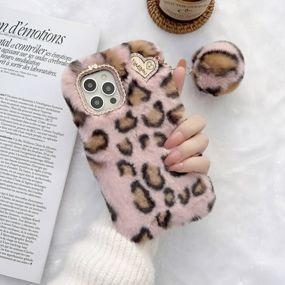 Leopard Pattern Furry Case for iPhone 13 Pro, Luxury Lovely Winter Warm Soft Furry Fluffy Plush Shockproof Anti-slip Phone Case Cover for Apple iPhone 13 Pro 6.1 inch,Pink