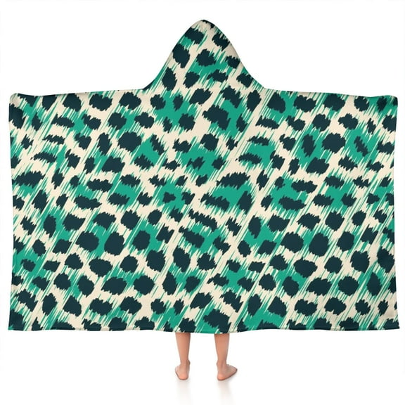 Leopard Pattern with Green and Black Spots Hooded Bath Towel，50"x30" for Ages 3 To 12 Kids, Quick Dry Lightweight Soft Microfiber Hood Beach Towel Cover Up for Kids