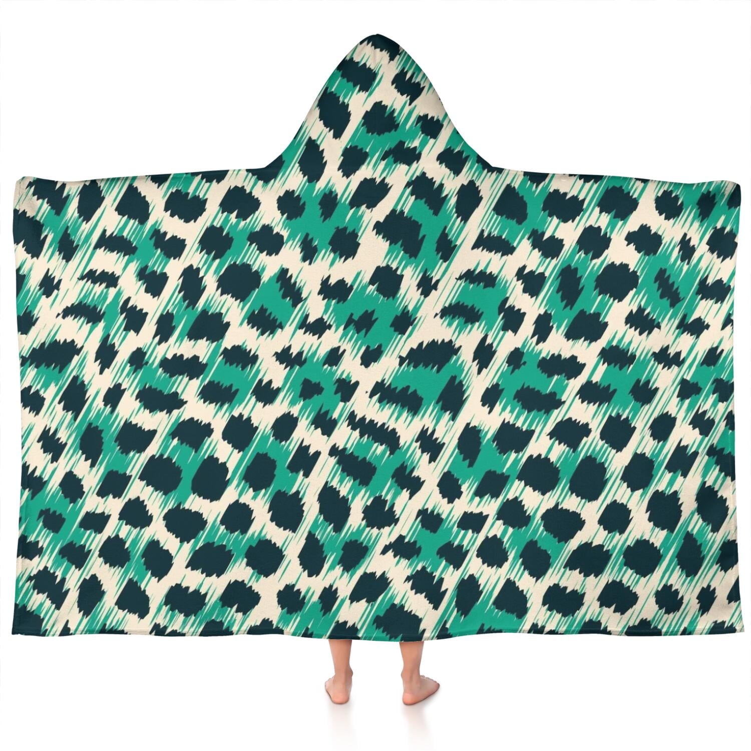 Leopard Pattern with Green and Black Spots Hooded Bath Towel，60"x35" for Ages 3 To 12 Kids, Quick Dry Lightweight Soft Microfiber Hood Beach Towel Cover Up for Kids