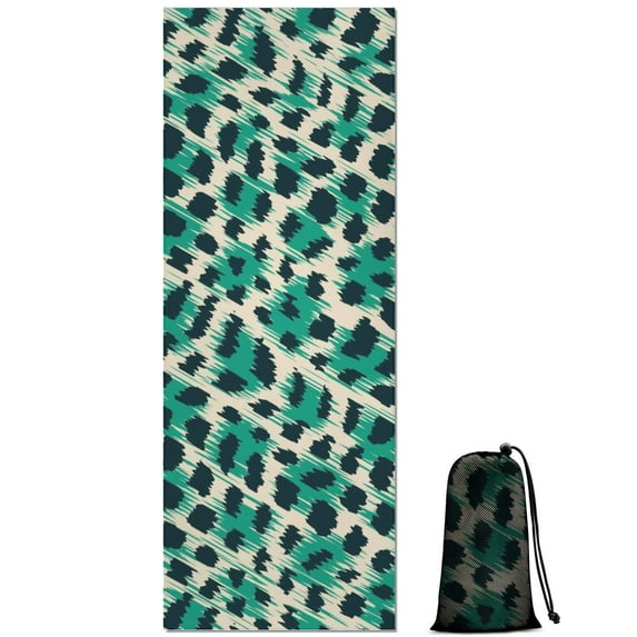 Leopard Pattern with Green and Black Spots Hot Yoga Mat Towel Non Slip for Hot Yoga - Quick-Drying Yoga Mat Cover with 4 Corner Pockets with Travel Bag - Hot Yoga Towel Non Slip 70"x26"