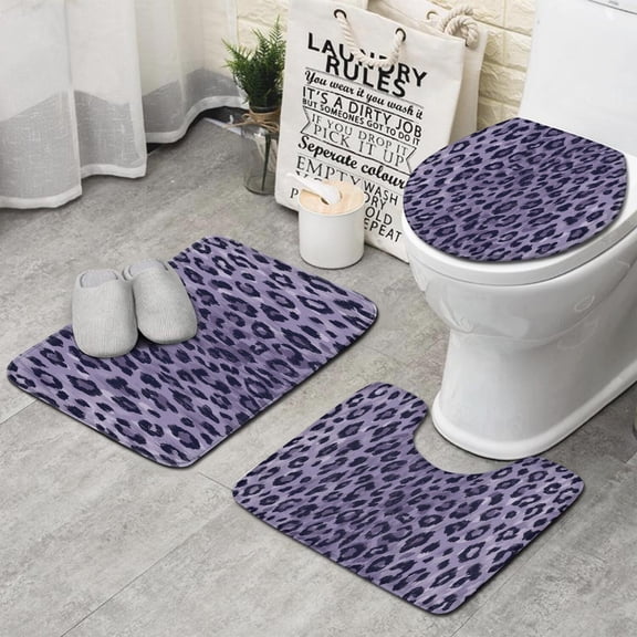Leopard Pattern Purple Bathroom Rugs Sets 3 Piece,Toilet Cover Set,Absorbent Non Slip Bathroom Mats Sets with U-Shaped Contour Rug Toilet Rug Set