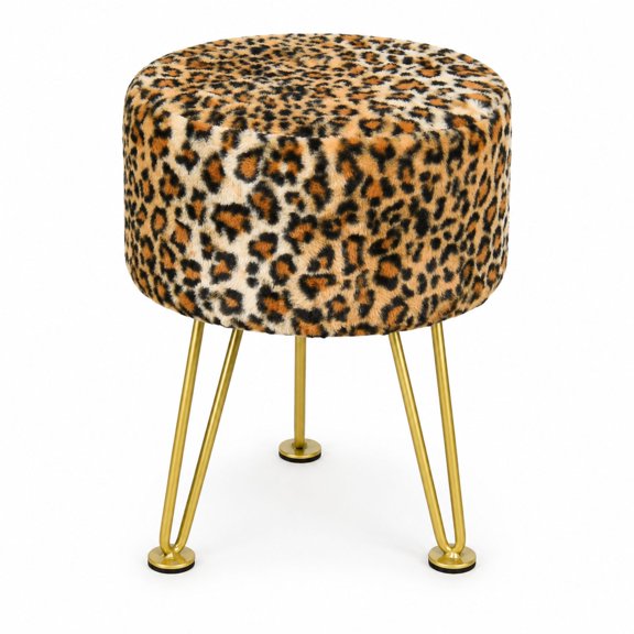 Leopard Pattern Round Ottoman 13x13x17 Inch Faux Fur Footrest Stool, Plush Furry Accent Seating Bench for Bedroom, Living Room, Vanity, Entryway, End of Bed Decor
