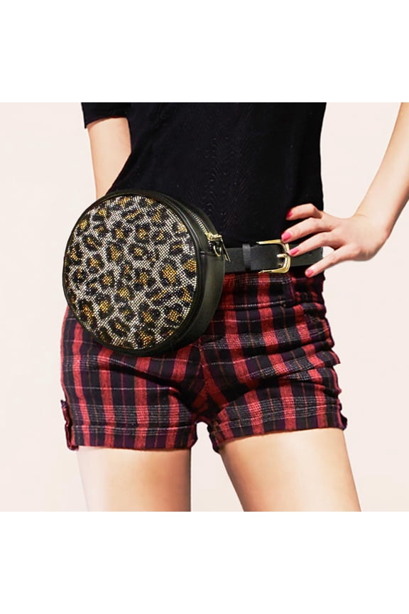 Leopard Patterned Bling Round Fanny Pack / Belt / Crossbody Bag