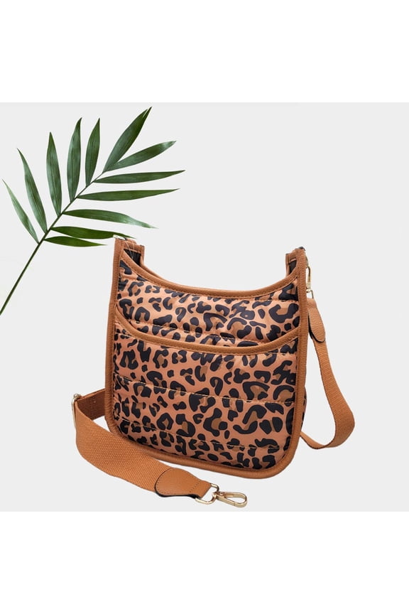 Leopard Patterned Quilted Shiny Puffer Mini Crossbody Bag