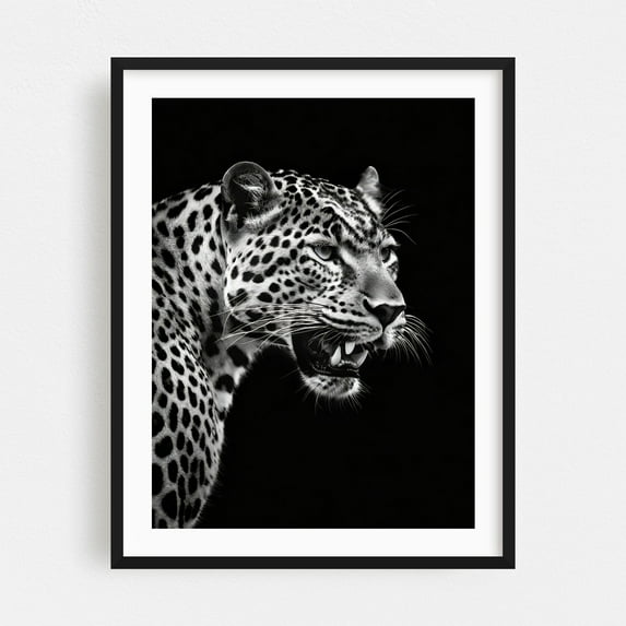 Leopard - Photography Wildlife Animal Black and White Portrait Nature Jungle Tiger Black Framed Wall Art Print 8 x 10 inches