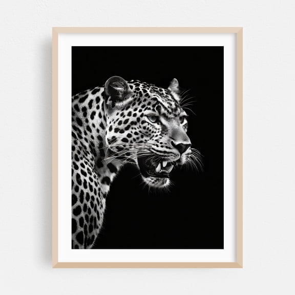 Leopard - Photography Wildlife Animal Black and White Portrait Nature Jungle Tiger Oak Framed Wall Art Print 5 x 7 inches