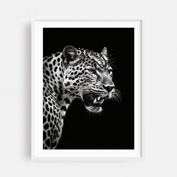 Leopard - Photography Wildlife Animal Black and White Portrait Nature Jungle Tiger White Framed Wall Art Print 16 x 20 inches