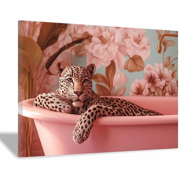 Leopard Pink Bathtub Floral Canvas Wall Art, Bathroom Animal Prints Painting for Bathroom Living Room Bedroom Decor, Framed Ready to Hang Ready to hang-18"L x 12"W