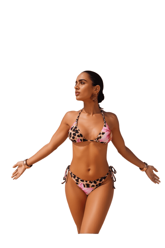 Leopard & Pink Floral Print Halter Triangle Bikini Two Piece Set, Adjustable Tie High Cut Cheeky Curve Flattering Bathing Suit Sizes