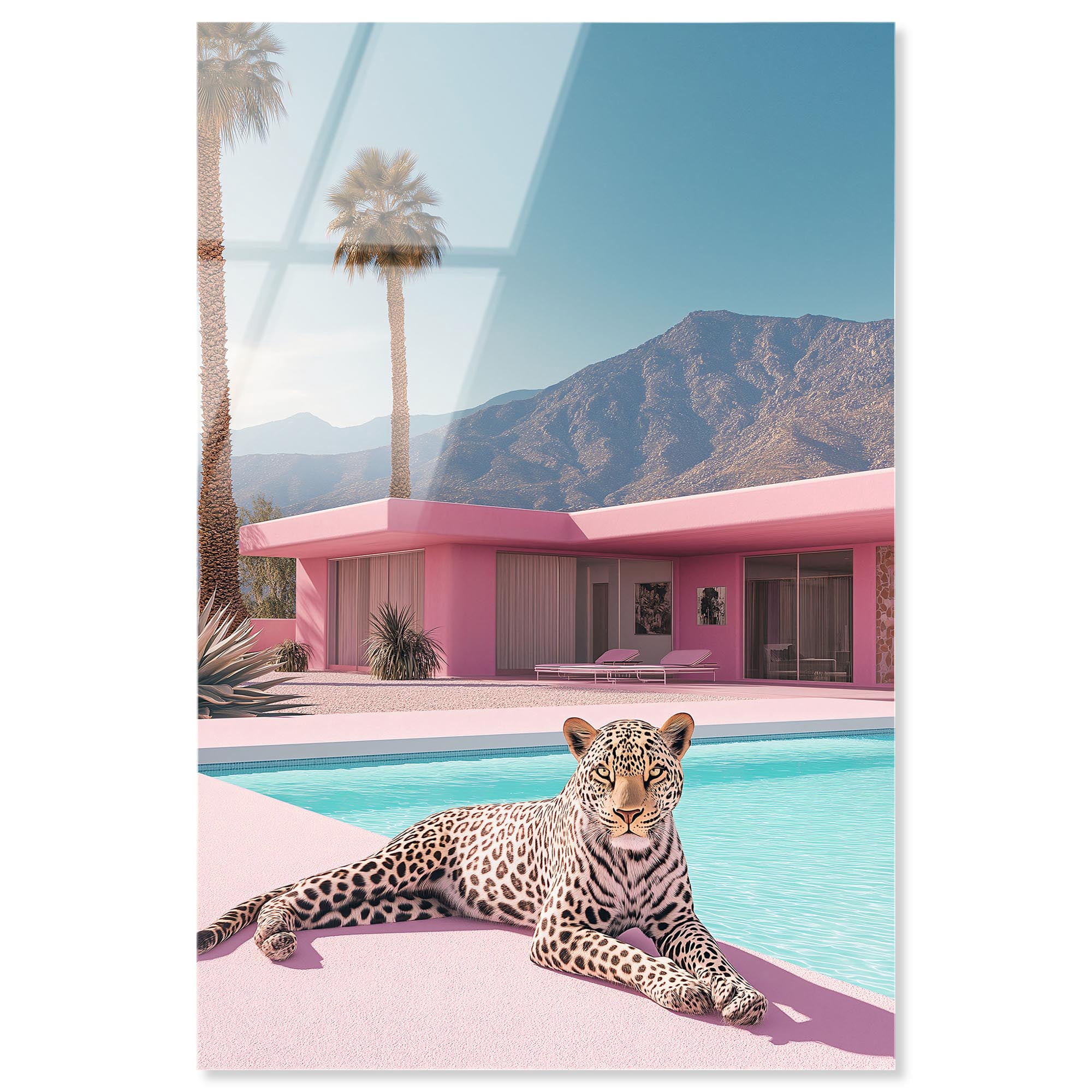 アクリル画　ガラスアート　ヒョウ　ジャガー　A4サイズ額装付き　星咲BAEZ3 Leopard Pink House High-Gloss Frameless Acrylic Glass Wall Art