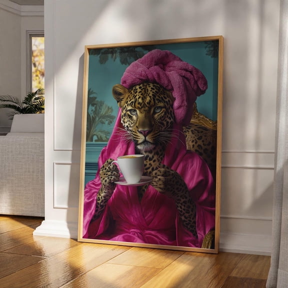 Leopard Pink Robe Coffee Wall Art Maximalist Decor Unframed Paper Print