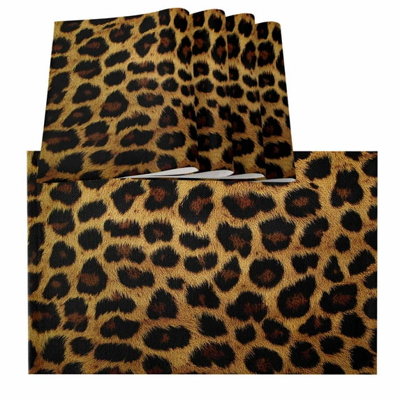 Leopard Placemats for Dinning Table Set of 4, Brown Vintage Leopard Print Burlap Kitchen Place Mats Waterproof Cloth Table Mats, Indoor Outdoor Placemats Easy Clean Dinner Decor