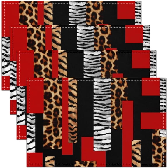 Leopard Placemats Set of 4 Cheetah Red Black Placemat for Kitchen Dining Table Decor Indoor Outdoor 18"x12" Animal Fur Print Table Place Mats, Safari Zebra