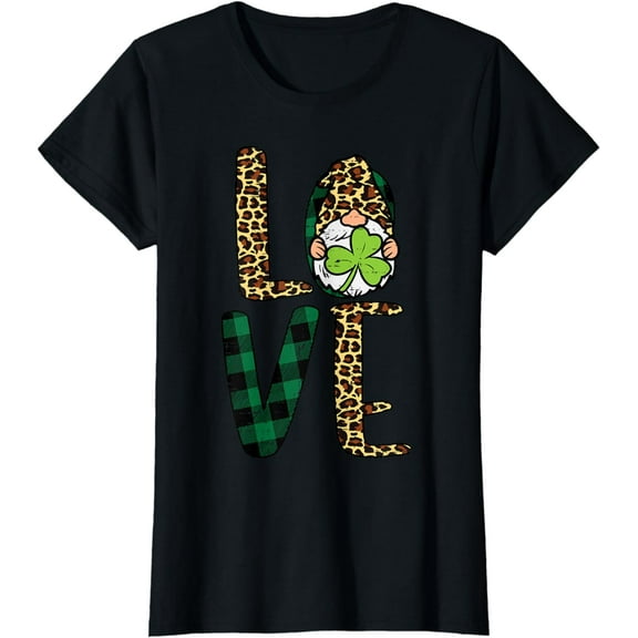 Leopard Plaid Love Nordic Gnome Shamrock St Patricks Day T-Shirt