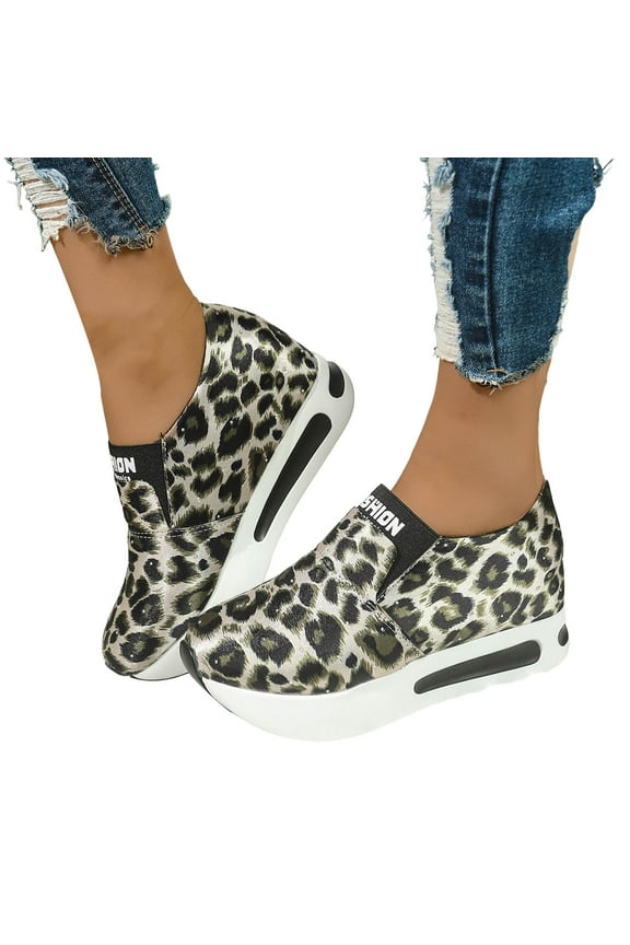 Leopard Platform Shoes for Women Trendy Casual Chunky Slip on Walking Loafers Height Increasing Work Sneakers