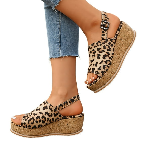 Leopard Platform Wedge Sandals for Women 2025 Fashion Casual Cork Footbed Chunky Slingback Sandals