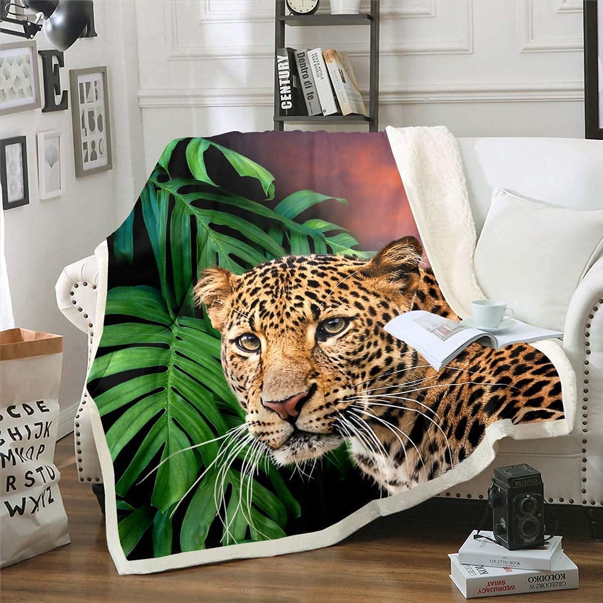 Leopard Plush Blanket Safari Cheetah Print Fuzzy Blanket for Sofa Couch Bed Youth 3D Wild Animal Fleece Throw Blanket Leopard Green Tropical Leaves Sherpa Blanket Nature Room Decor 40x50 Inch Walmart....
