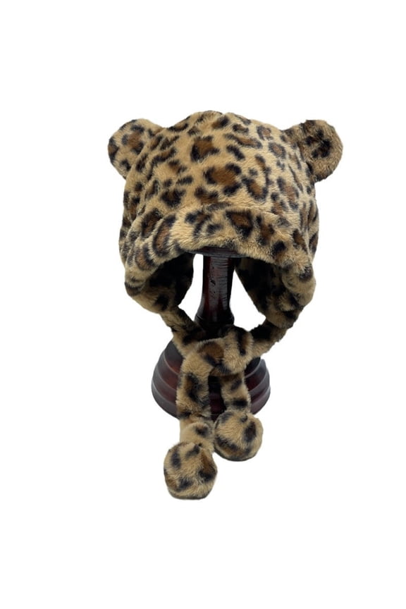 Leopard Plush Hat Unisex Thickened Winter Caps with Bear Ears Women Windproof Hat