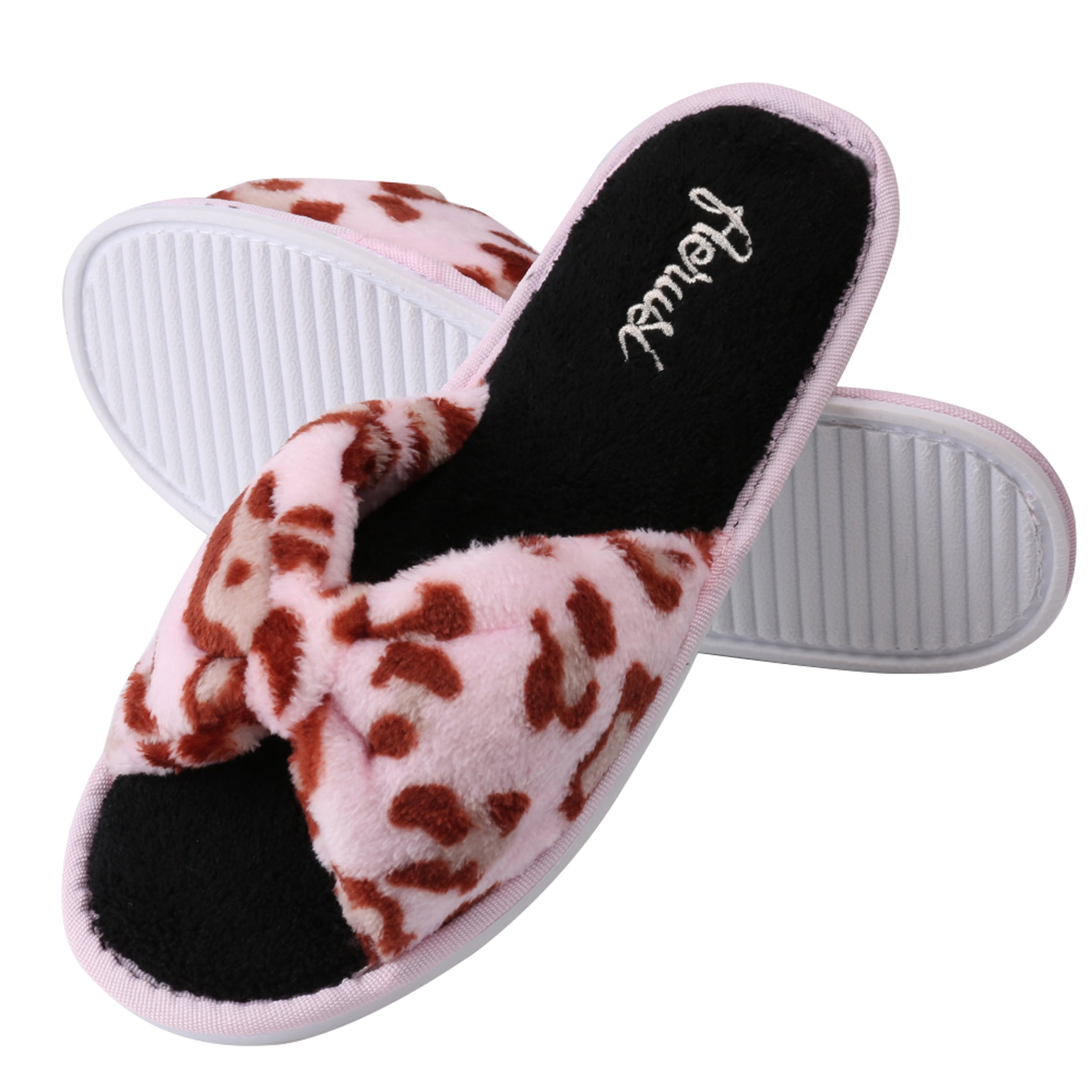 Leopard Plush Memory Foam Thong Slippers – Non-Slip Rubber Sole for Indoor, Outdoor & Spa Use