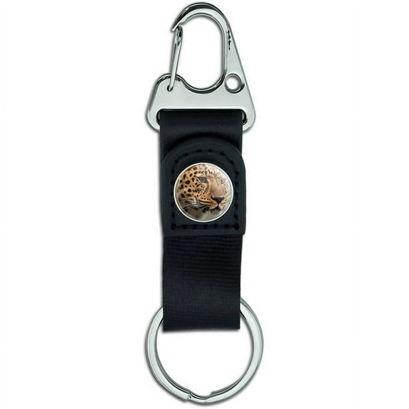 Leopard Portrait, Big Hunting Cat Belt Clip On Carabiner Leather Keychain Fabric Key Ring