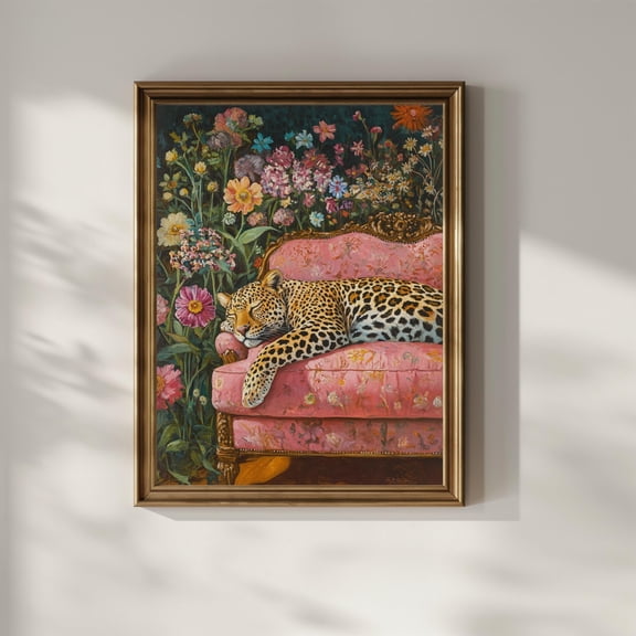 Leopard Poster Print Vintage Pink Sofa Wildflowers Flowers Floral Wall Art Artful Trendy Modern Home Decor Animal Lover Matte Poster UNFRAMED Poster, Wall Art for Decor, Present, 16x24