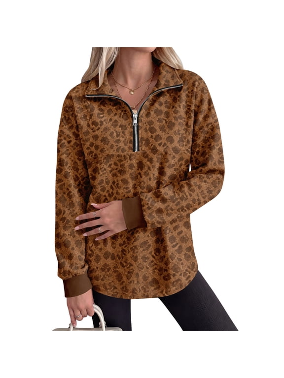 Leopard Print 1/4 Zip Sweatshirt for Women Stand Collar Long Sleeve Pullover Tops