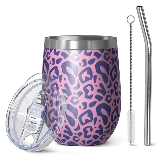 Leopard Print 12oz Stainless Steel Insulated Wine Tumbler with Lid and Straw – Double Wall Vacuum Mug for Hot & Cold Drinks, 304 Steel Interior, Sweat-Free Design