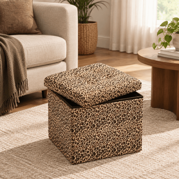 Leopard Print 13"D x 17"W x 13"H Foldable Storage Ottoman Footrest Stool