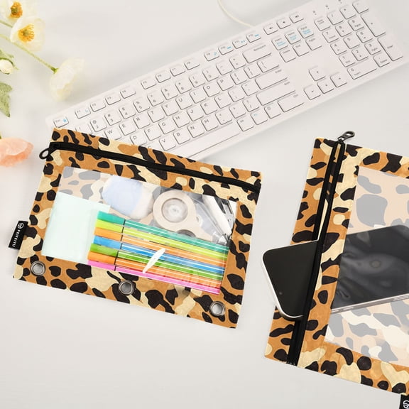 Leopard Print 2 Pack Pencil Pouches Zipper Pencil Case 3 Ring Pencil Pouch Cosmetic Bag