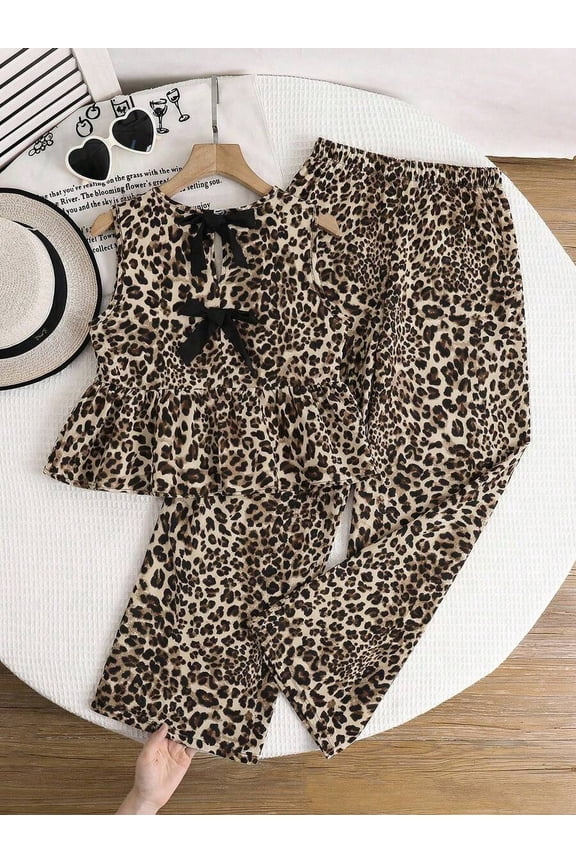 Leopard Print 2-Piece Set Sleeveless Peplum Top & Loose Pants Apricot