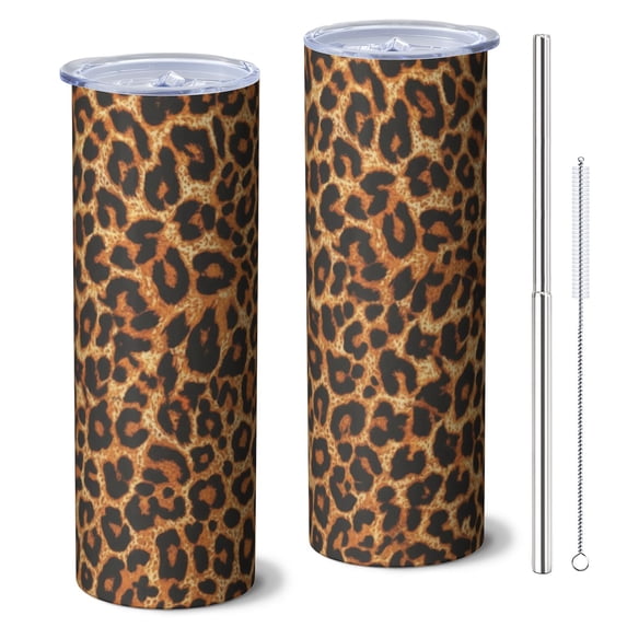 Leopard Print 20oz Stainless Steel Skinny Tumbler – Vacuum Insulated Slim Travel Cup with Lid & Stainless Steel Straw, 360° Full Wrap Printed Tumbler for Home, Office & Outdoor Use