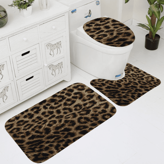 Leopard Print 3-Piece Bath Rug Set, Non-Slip Polyester Bathroom Mats, Washable Low-Pile Rugs with Toilet Lid Cover & U-Shaped Mat for Wild Safari Cheetah Style Bathroom Decor