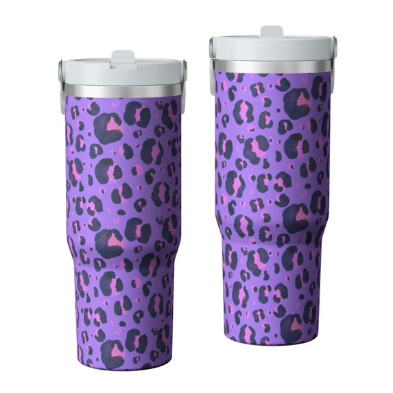 Leopard Print 30oz Handheld Travel Tumbler with Handle – Double Wall Stainless Steel Insulated Cup, Flip Straw Lid, Leak-Proof & BPA-Free for Hot and Cold Drinks – Durable Coffee & Juice Mug White