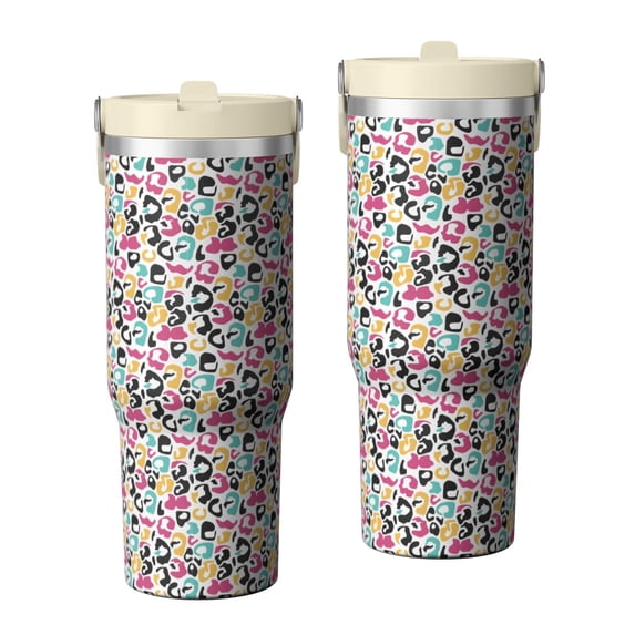 Leopard Print 30oz Handheld Travel Tumbler with Handle – Double Wall Stainless Steel Insulated Cup, Flip Straw Lid, Leak-Proof & BPA-Free for Hot and Cold Drinks – Durable Coffee & Juice Mug White
