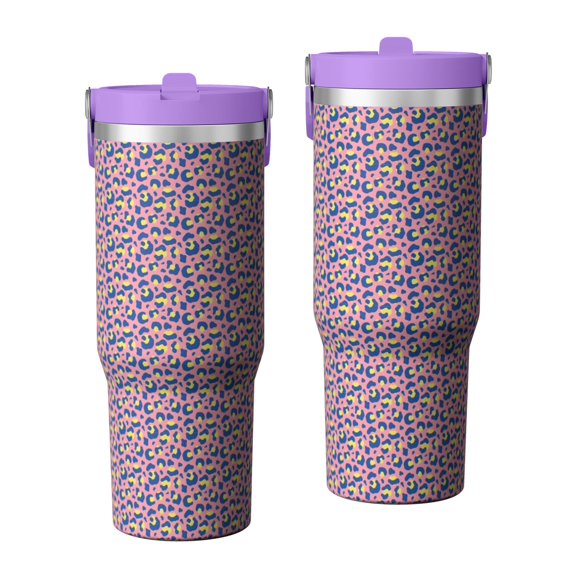 Leopard Print 30oz Handheld Travel Tumbler with Handle – Double Wall Stainless Steel Insulated Cup, Flip Straw Lid, Leak-Proof & BPA-Free for Hot and Cold Drinks – Durable Coffee & Juice Mug Black