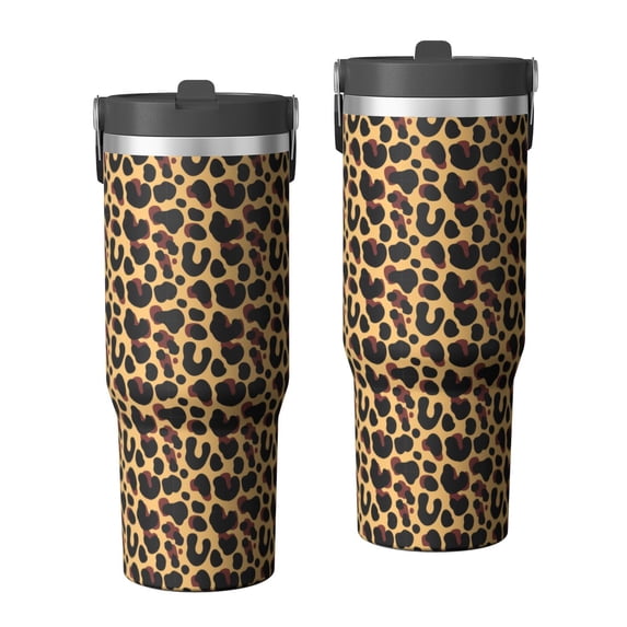 Leopard Print 30oz Handheld Travel Tumbler with Handle – Double Wall Stainless Steel Insulated Cup, Flip Straw Lid, Leak-Proof & BPA-Free for Hot and Cold Drinks – Durable Coffee & Juice Mug Black