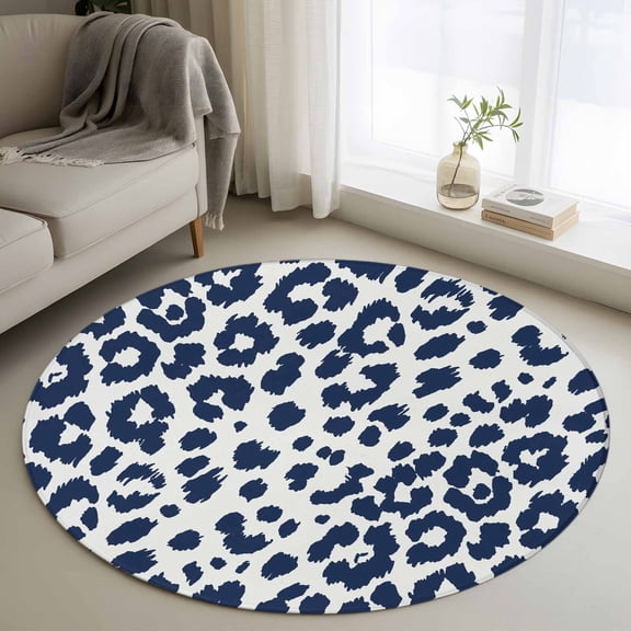 Leopard Print 3FT Round Area Rugs Morandi Style Navy Blue Leopard Print Country Soft Small Round Rug Non-Slip, Ultra-Thin Indoor Circle Carpet for Bedroom Entryway Kitchen Bathroom