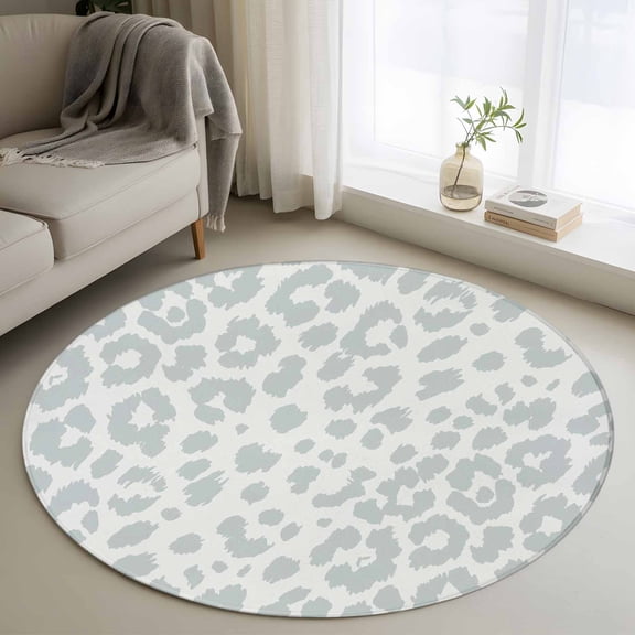 Leopard Print 3FT Round Area Rugs Morandi Style White Gray Leopard Print Country Soft Small Round Rug Non-Slip, Ultra-Thin Indoor Circle Carpet for Bedroom Entryway Kitchen Bathroom