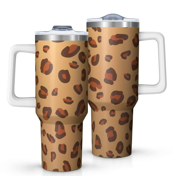 Leopard Print 40oz Tumbler– Stainless Steel Insulated Tumbler with Handle and Straw, Large Capacity Travel Cup for Hot & Cold Drinks