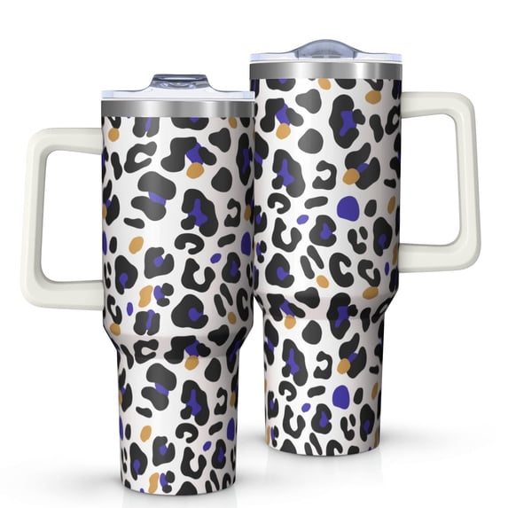 Leopard Print 40oz Tumbler– Stainless Steel Insulated Tumbler with Handle and Straw, Large Capacity Travel Cup for Hot & Cold Drinks