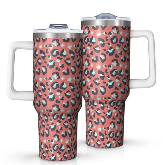 Leopard Print 40oz Tumbler– Stainless Steel Insulated Tumbler with Handle and Straw, Large Capacity Travel Cup for Hot & Cold Drinks