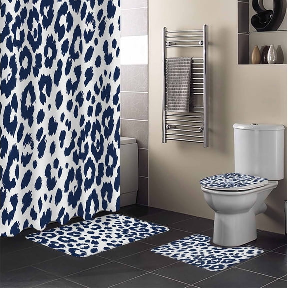 Leopard Print 4PCS Shower Curtains Set with Toilet Lid Cover Non-Slip Rugs, Morandi Style Navy Blue Leopard Print Country Waterproof Shower Curtain Set for Bathroom with 12 Hooks 72x72 In