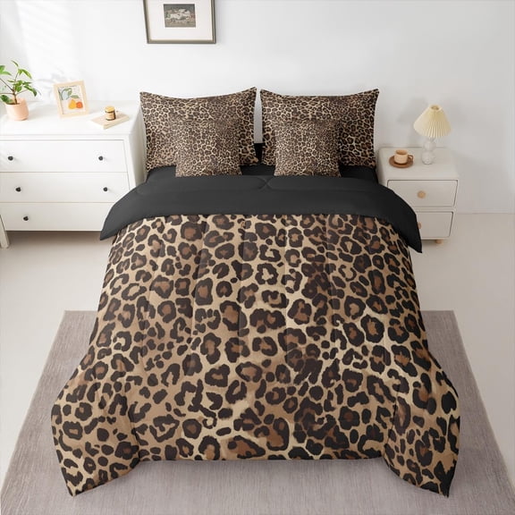 Leopard Print 7 Piece Bedding Set Queen Cheetah Decor Comforter Set with Sheets Geometric Modern Bed in A Bag African Safari Animal Bed Sets with 2 Pillowcases, 2 Throw Pillow Covers