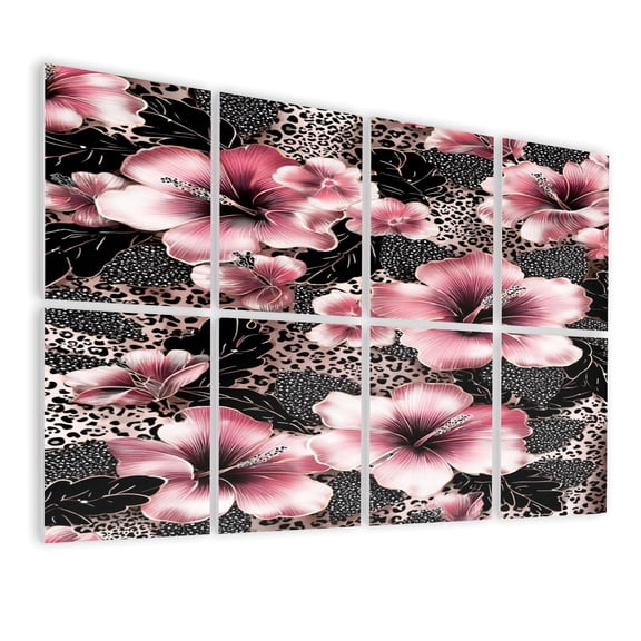 Leopard Print 8 Pack Art Acoustic Panels Sound Absorbing Pink Hibiscus Flowers Bold Black White Patterns Decorative Soundproof Wall Panels Self Adhesive for Nursery Game Room Bedroom 48"x32"