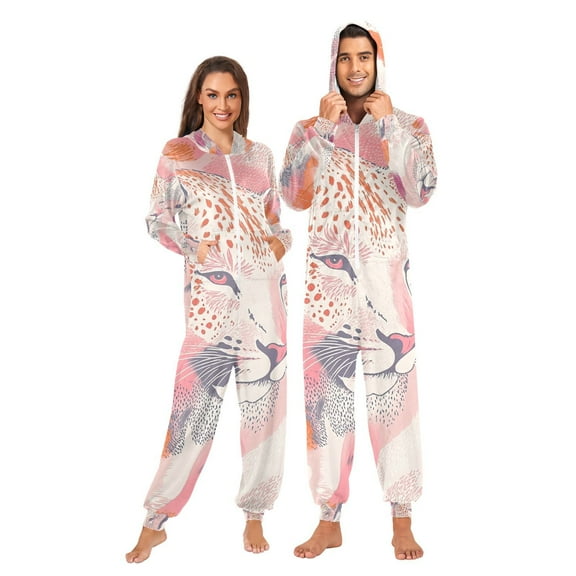 Leopard Print Adult Onesie Pajamas Slim Fit Christmas One Piece Suit Pjs for Women and Men Hooded Zipper
