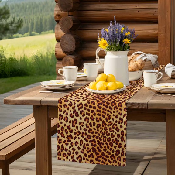Leopard Print Animal Skin Texture Table Runner 13x90in Non-Slip Cotton Linen Table Runners, Wild Style Dresser Scarves TableRunner for Dinner Kitchen Dining Wedding Party