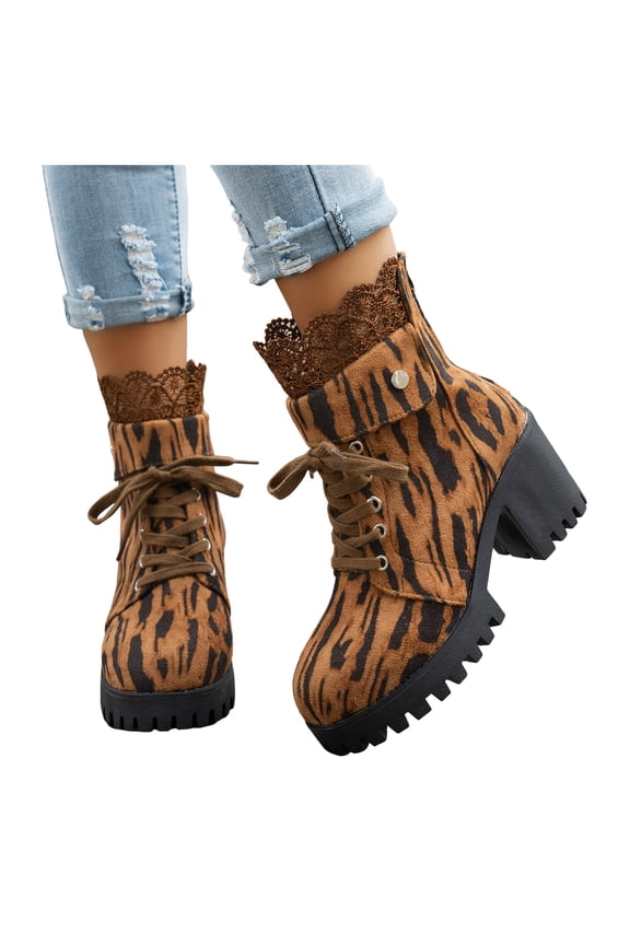 Leopard Print Ankle Boots for Women Lace up Lug Sole Chunky Heel Sexy Lace Dressy Fall Winter Booties