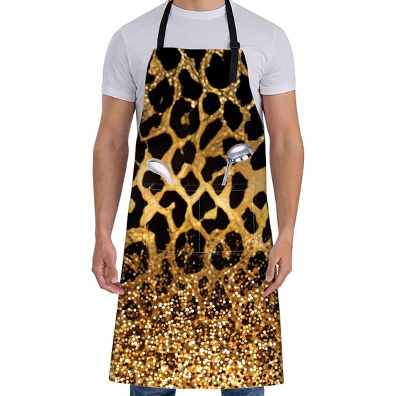 Leopard Print Apron for Women,28x33in,Cheetah Kitchen Aprons with 2 Pockets,Oxford Fabric,Bold Gold Glitter Adjustable Apron for Cooking Baking Gardening Chef,Gifts for Mom Wife