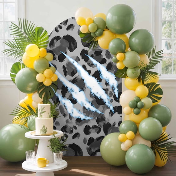 Leopard Print Arch Backdrop Cover, 5FT, Gray Black Spot Retro Animal White Claw Marks Spandex Arch Covers Double-Sided Backdrop for Wedding Birthday Party Photo Background Decoration